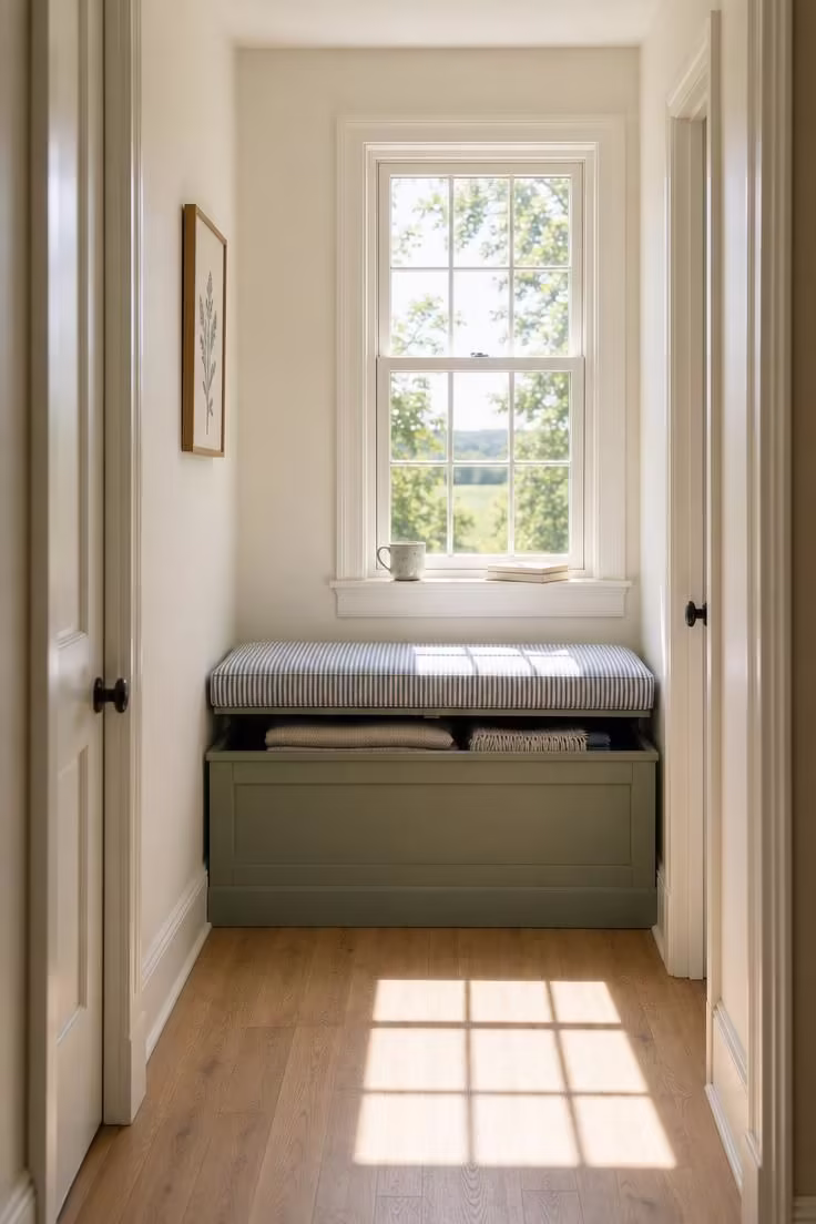 13 Charming Hallway Reading Nook Ideas for Small Homes 4 A sage green painted pine window seat with a blue ticking stripe cushion at the end of a bright hallway in midday light.