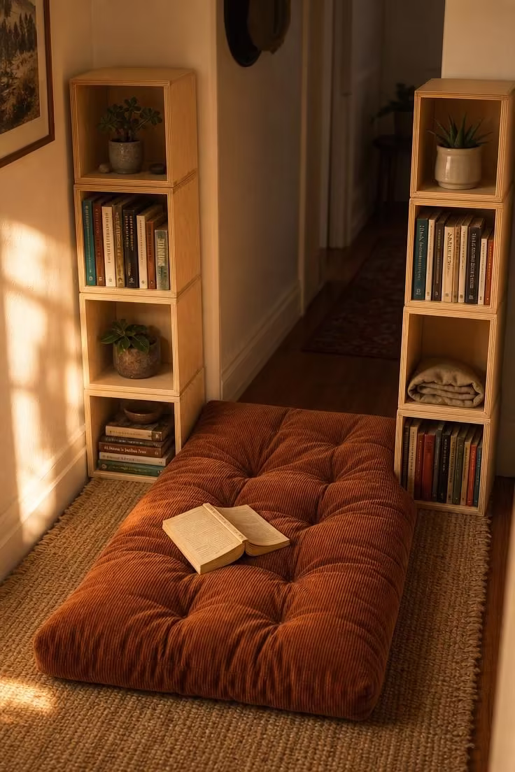 13 Charming Hallway Reading Nook Ideas for Small Homes 5 Stacked birch plywood book cubbies flanking a rust corduroy floor cushion in a hallway nook bathed in warm golden light.