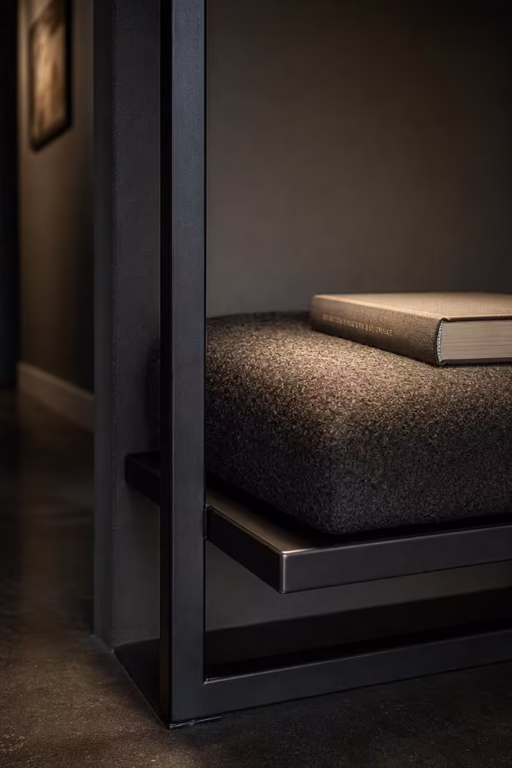 13 Charming Hallway Reading Nook Ideas for Small Homes 6 A matte black steel frame reading alcove with a charcoal wool seat pad and clip-on LED light in a moody low-lit hallway.
