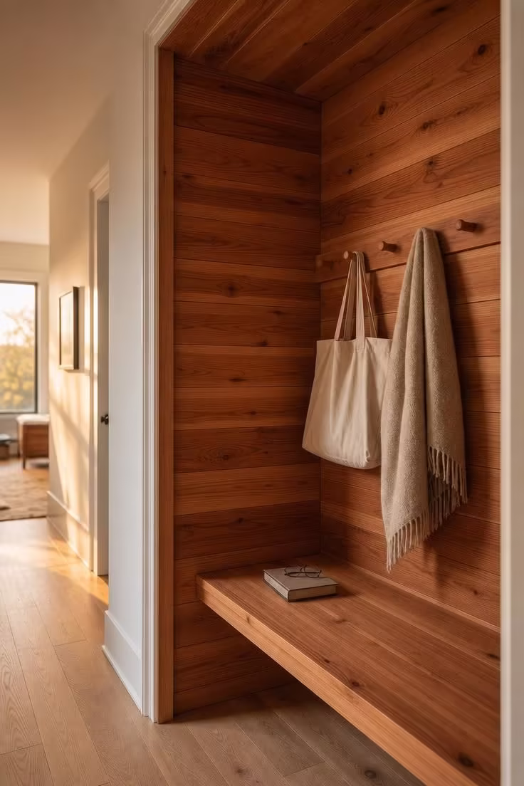 13 Charming Hallway Reading Nook Ideas for Small Homes 7 A tongue-and-groove cedar hallway reading nook with a built-in bench and Shaker peg rail in warm golden afternoon light.