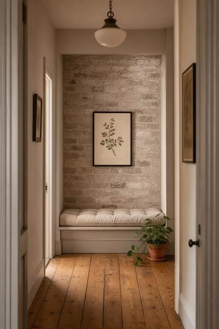 13 Charming Hallway Reading Nook Ideas for Small Homes 8 A limewashed brick alcove with a tufted cotton canvas bench, botanical print, and trailing pothos in soft diffused hallway light.