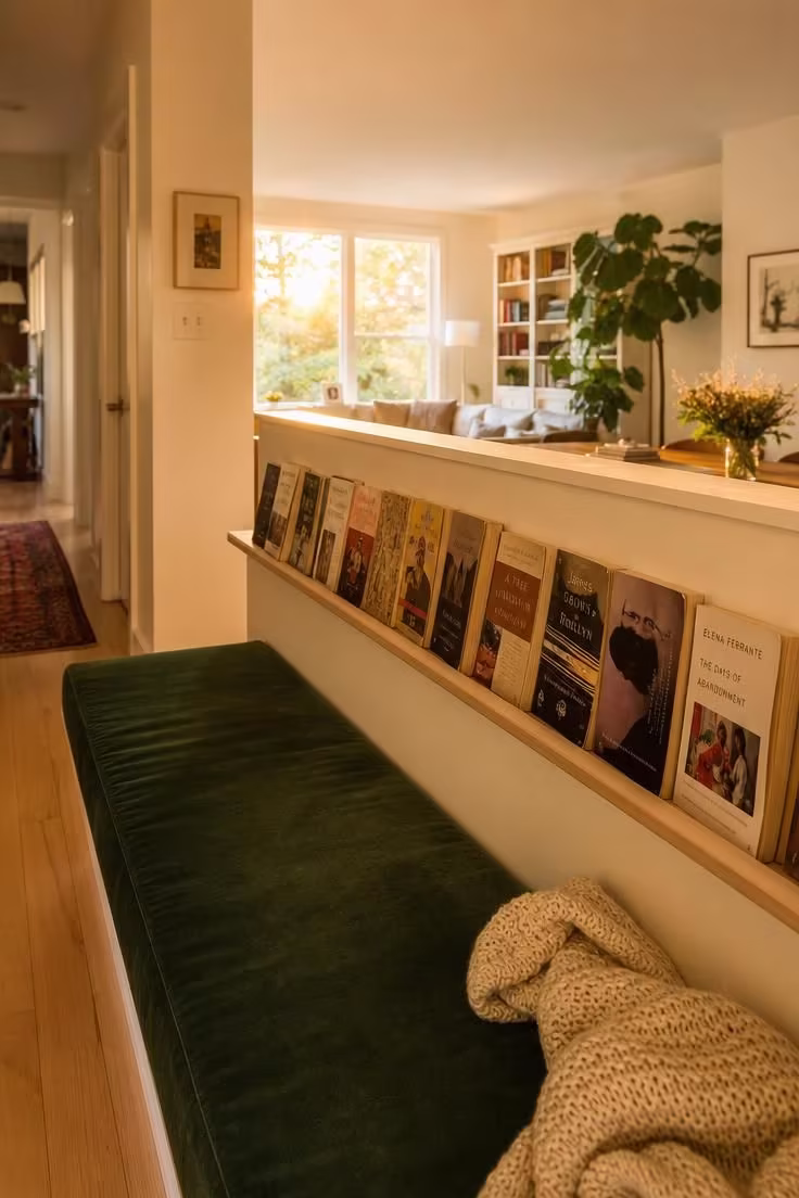 13 Charming Hallway Reading Nook Ideas for Small Homes 10 A forest green velvet cushion seat along a half-wall book ledge in a golden-lit hallway with views into an adjacent room.