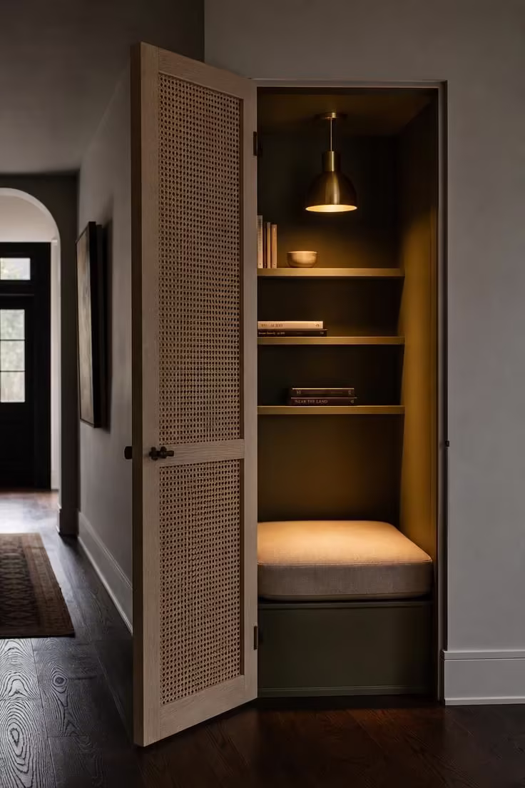 13 Charming Hallway Reading Nook Ideas for Small Homes 11 A cane-panel cabinet door opened to reveal a hidden hallway reading nook with olive green walls, painted shelves, and a brass pendant light.