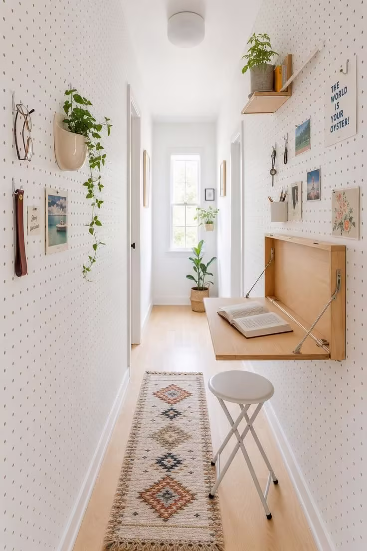 13 Charming Hallway Reading Nook Ideas for Small Homes 13 A narrow hallway reading nook with white pegboard walls, small hooks holding reading accessories, a fold-down maple desk, and a white folding stool in bright midday light.