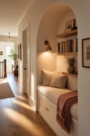 A charming hallway reading nook with a cream linen bench inside a soft arch, floating shelves with books, a brass sconce, and warm afternoon light.