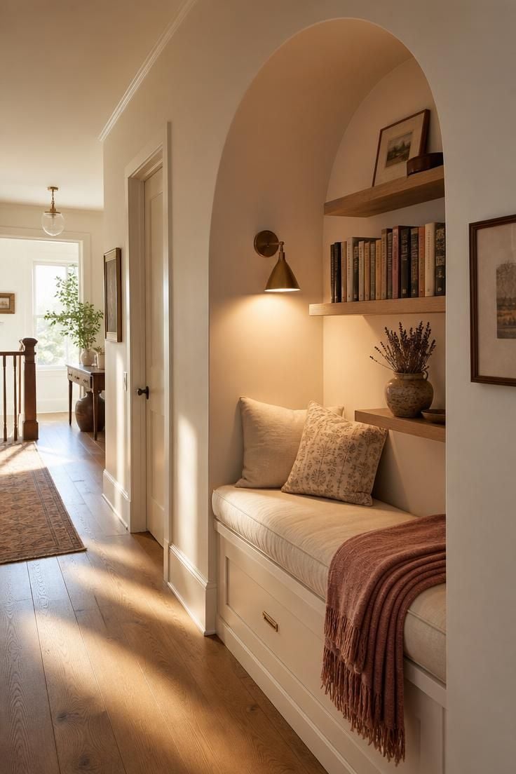 Simple Spaces 19 A charming hallway reading nook with a cream linen bench inside a soft arch, floating shelves with books, a brass sconce, and warm afternoon light.