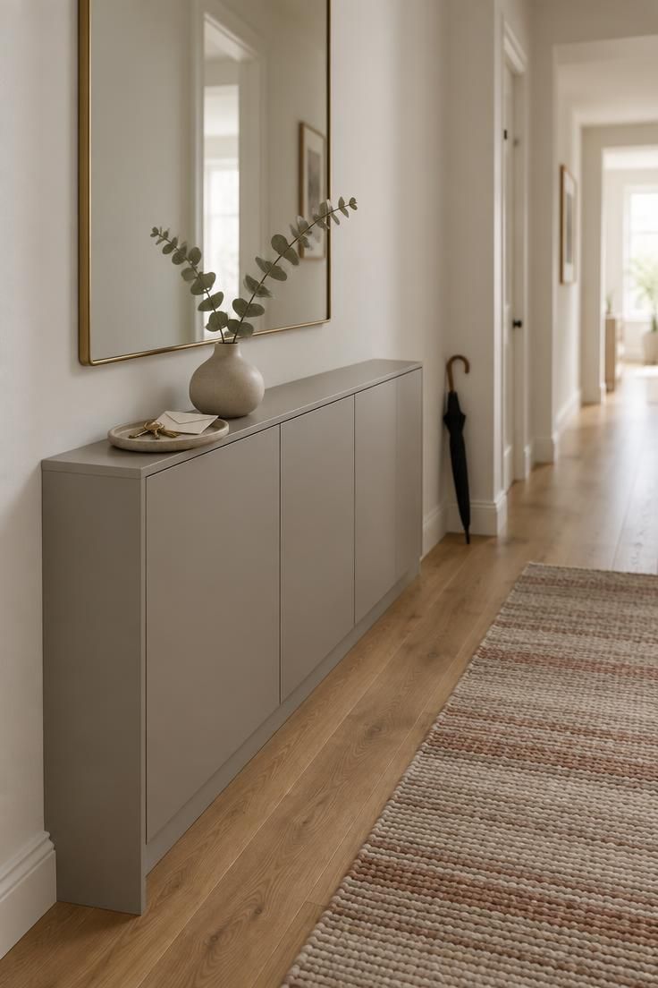 Narrow hallway with a shallow grey shoe cabinet, thin brass mirror above, and a stoneware tray holding keys.
