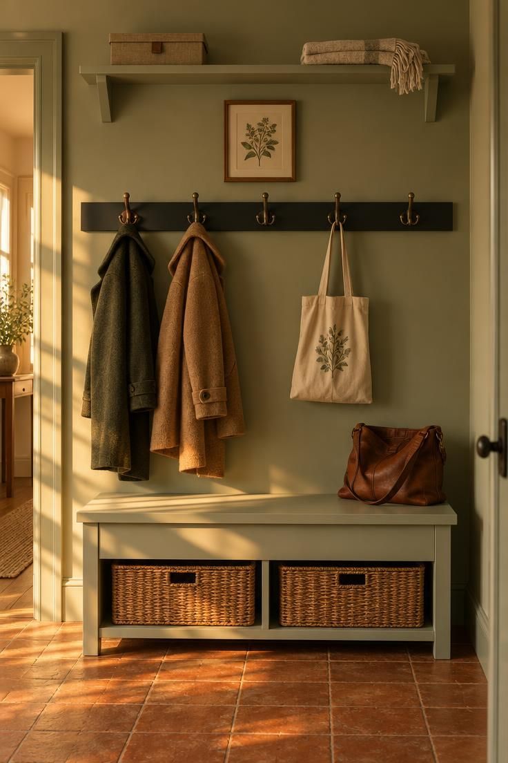 Hallway wall with sage paint, black hook rail, painted bench, woven baskets, and a high shelf.