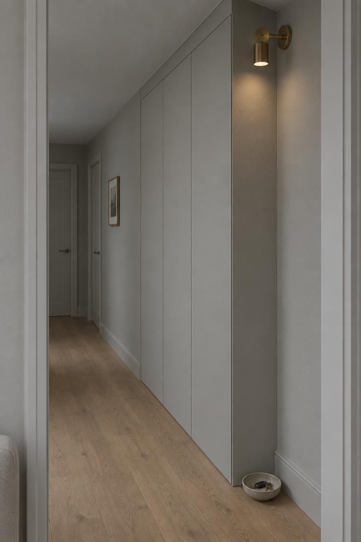 Full-height dove grey wardrobe built into a hallway wall, flush with the wall tone and lit by a brass sconce.