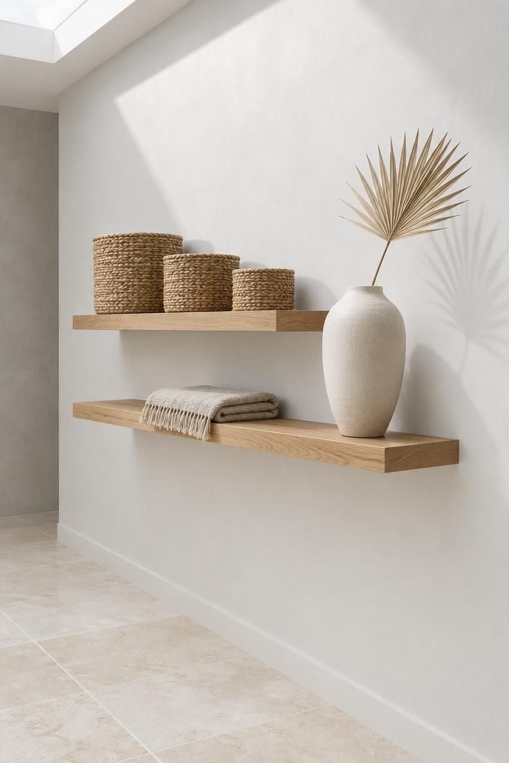 Two oak open shelves on a white wall with woven baskets, a folded linen throw, and a large ceramic vase.