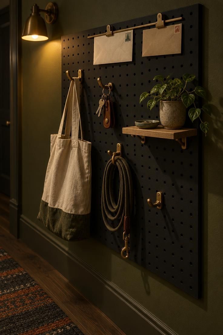 Matte black pegboard on an olive wall with brass hooks holding a tote, keys, a leash, and a small clip-on shelf.