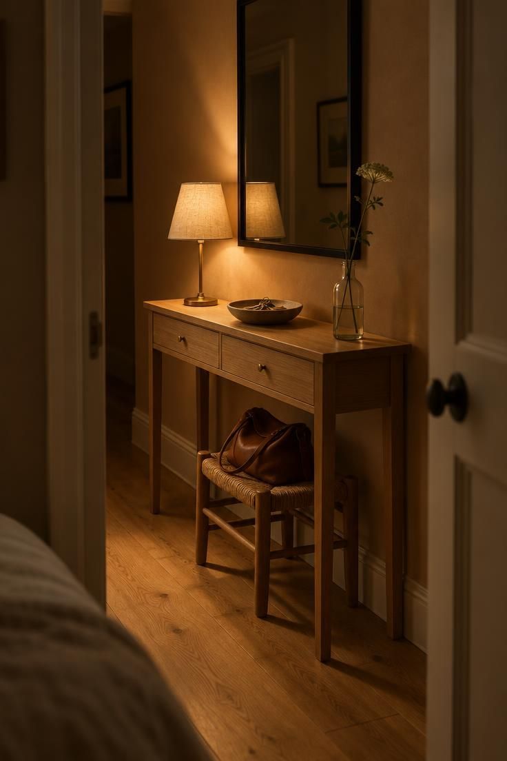 Slim oak console with shallow drawers in a hallway, a brass lamp and ceramic bowl on top, and a woven stool underneath.