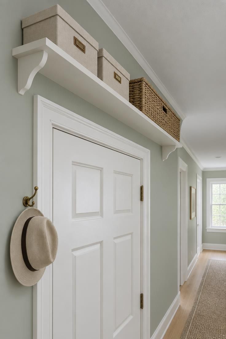 Shallow white shelf above a hallway door frame holding lidded boxes and a long woven basket.