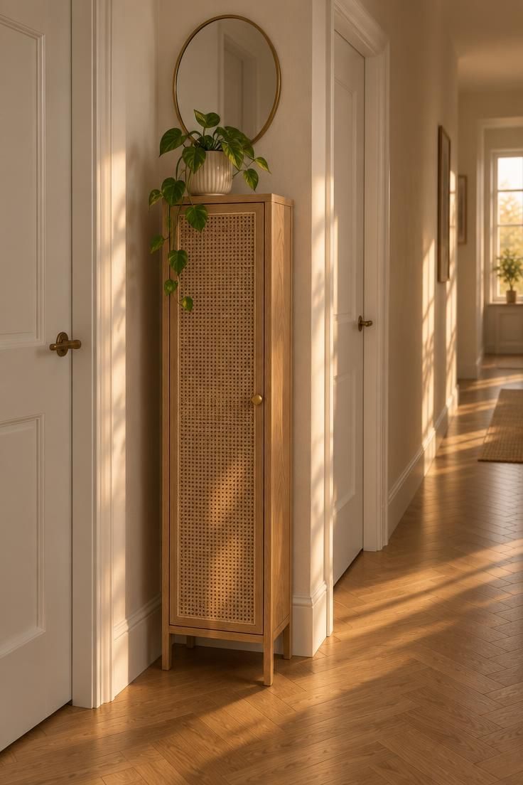 Slim rattan-fronted oak tower cabinet between two doorways with a trailing plant on top.