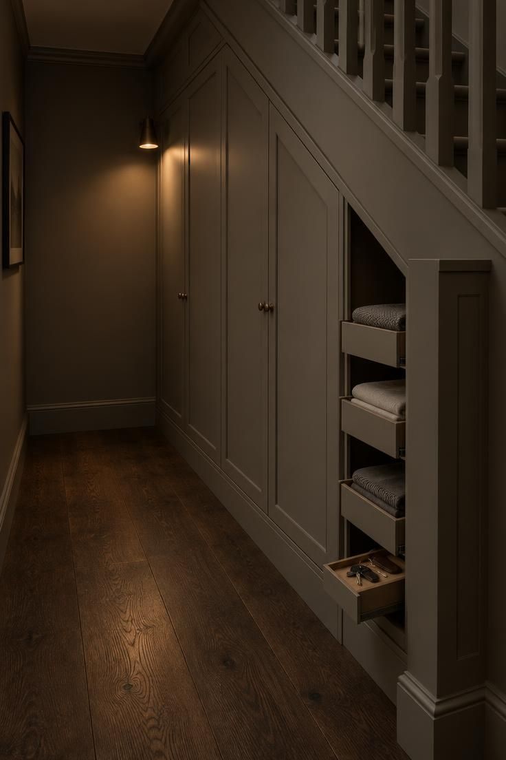 Fitted storage beneath a staircase at a hallway dead end, doors painted to match the walls, with pull-out trays.