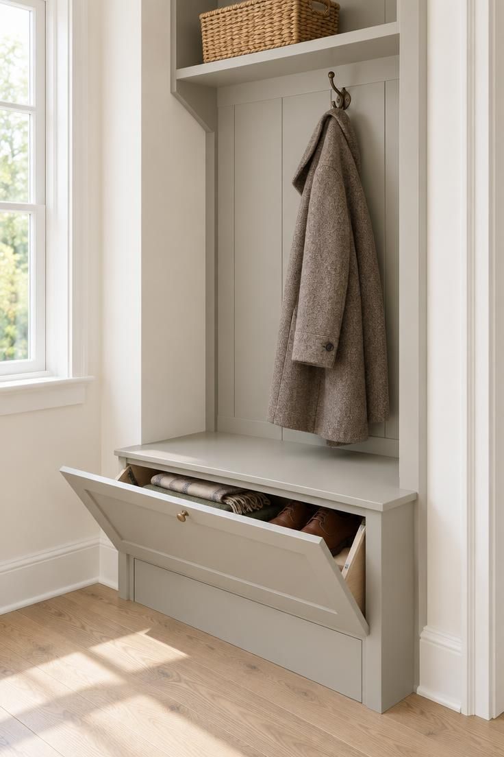 Compact hallway coat niche with a lift-up drawer bench, a hanging wool coat, and a basket on the shelf above.