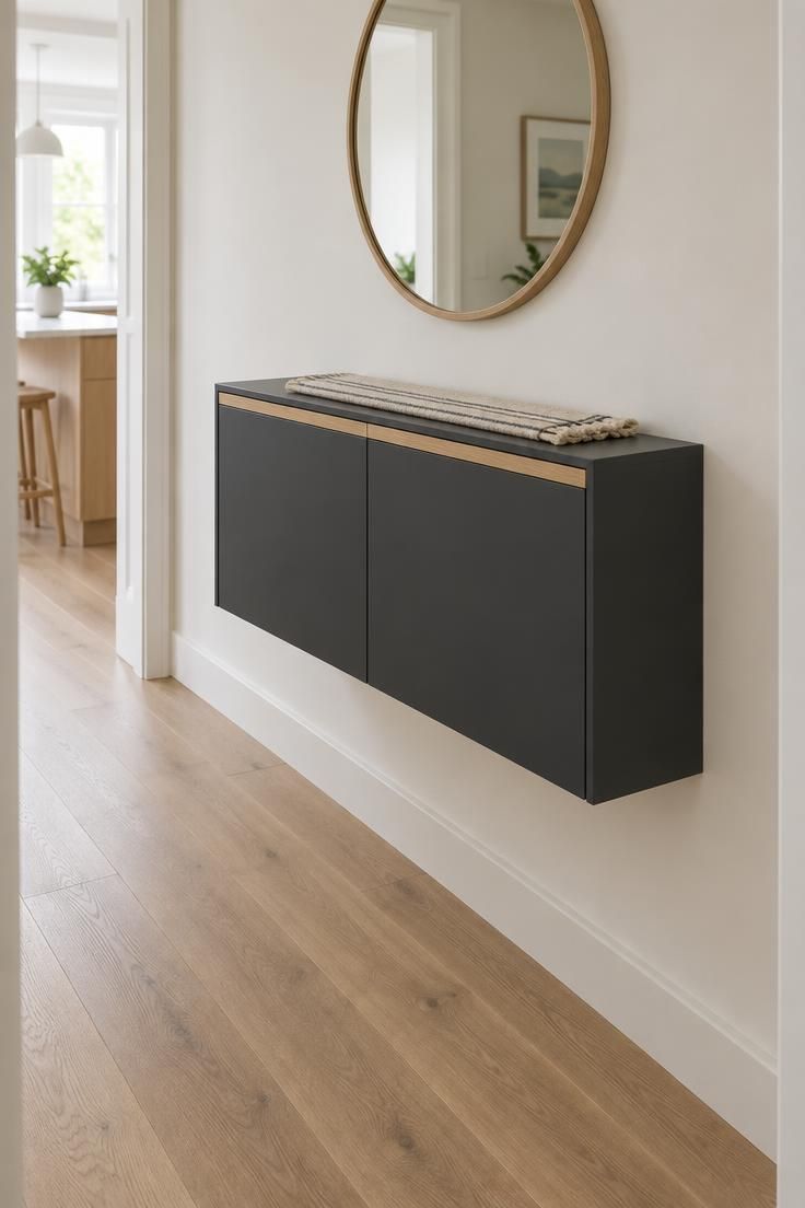 Shallow wall-mounted charcoal storage cabinet floating above the floor in a narrow hallway with a round mirror above.