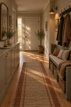 Cozy organized hallway with a grey shoe cabinet and mirror on one side and a sage bench with hooks and baskets on the other.