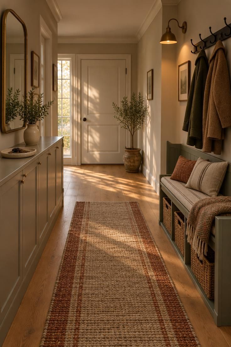 Simple Spaces 16 Cozy organized hallway with a grey shoe cabinet and mirror on one side and a sage bench with hooks and baskets on the other.