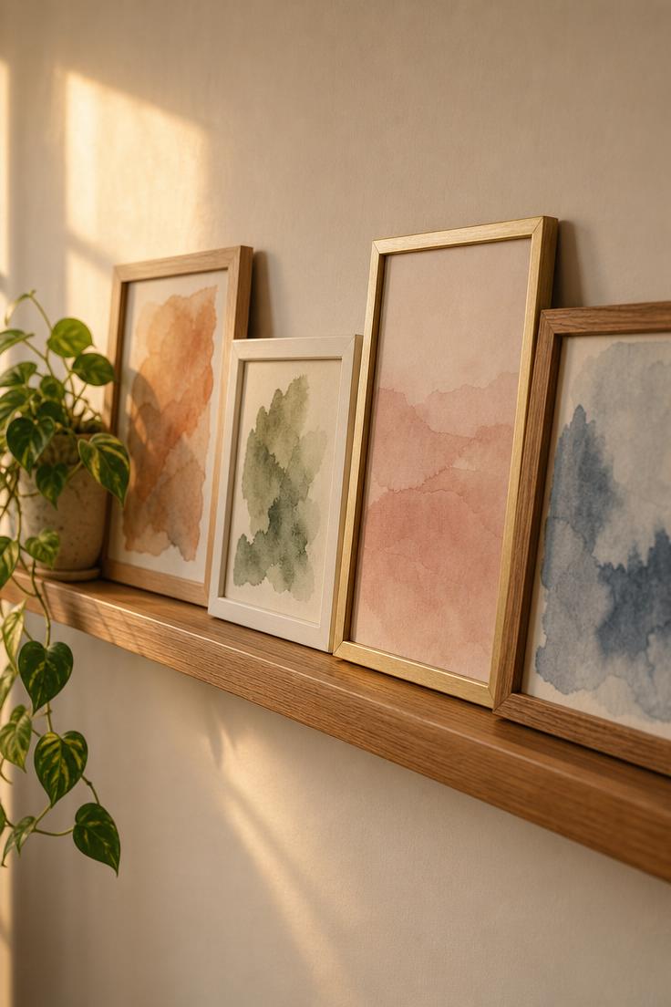 13 Charming Hallway Wall Decor Ideas That Look Polished 2 A slim oak picture ledge holding four watercolor prints in mismatched frames on a white hallway wall in golden afternoon light