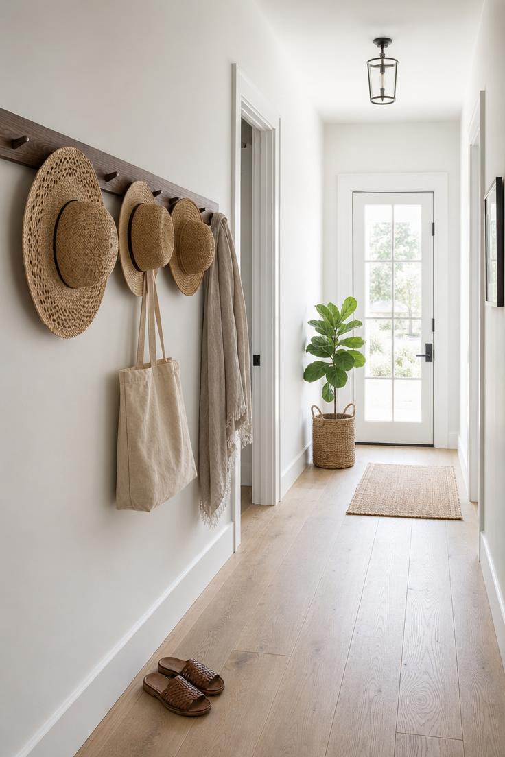 13 Charming Hallway Wall Decor Ideas That Look Polished 7 A dark walnut peg rail holding straw hats and a canvas tote on a white hallway wall in cool morning light