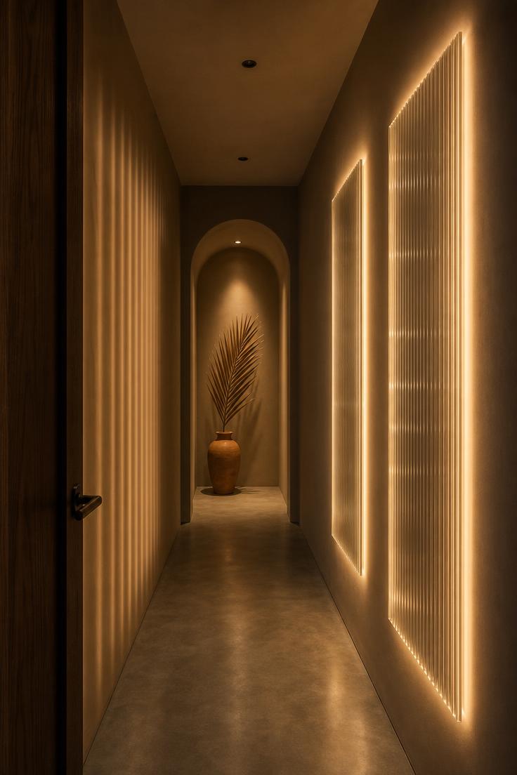 13 Charming Hallway Wall Decor Ideas That Look Polished 8 Two fluted ribbed glass panels backlit with warm LEDs on a gray hallway wall creating refracted light patterns at night