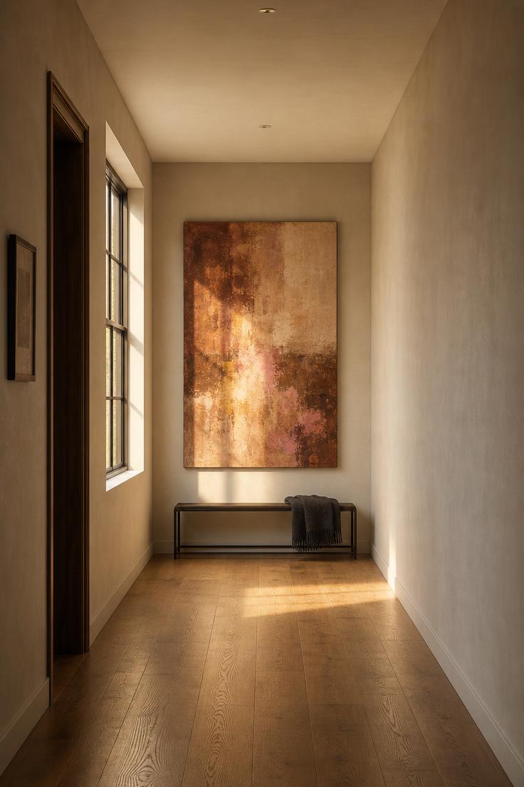 13 Charming Hallway Wall Decor Ideas That Look Polished 9 A large unframed abstract oil painting in warm earth tones at the end of a long hallway lit by golden afternoon light
