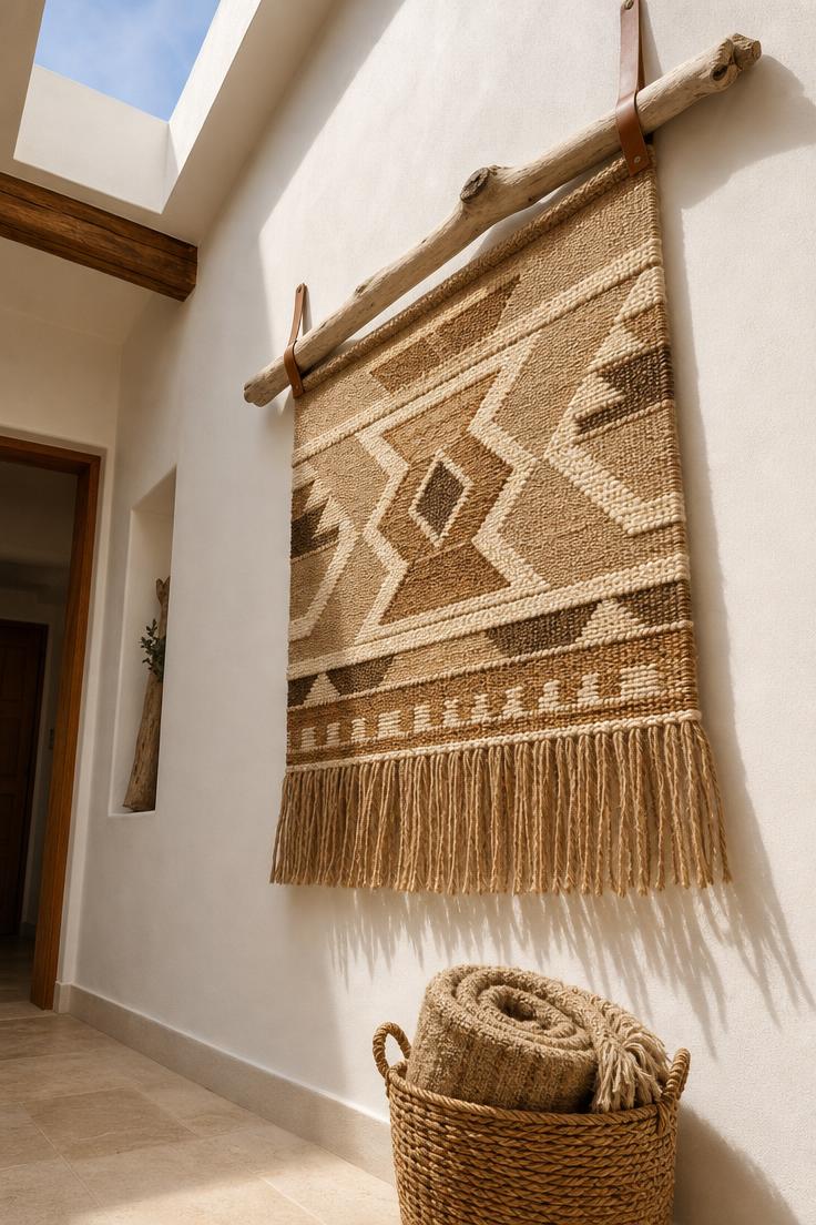 13 Charming Hallway Wall Decor Ideas That Look Polished 11 A large handwoven jute and cotton textile hanging from a driftwood rod on a white hallway wall in bright overhead light