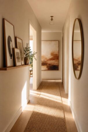 13 Charming Hallway Wall Decor Ideas That Look Polished 17 A bright, warmly lit residential hallway with art pri