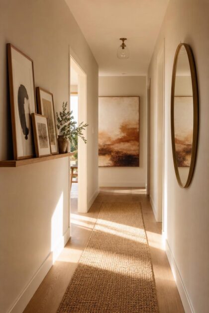 13 Charming Hallway Wall Decor Ideas That Look Polished A bright, warmly lit residential hallway with art pri