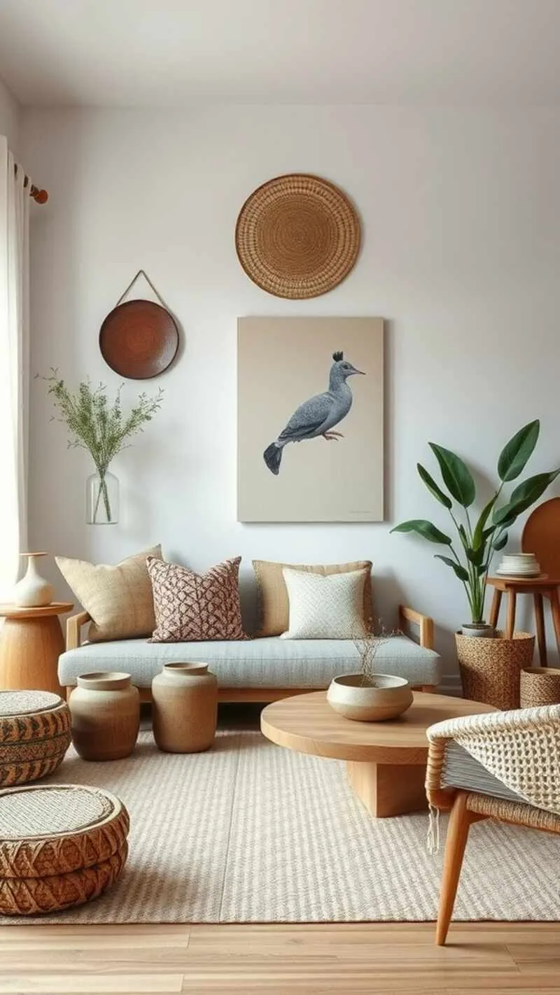 19 Wabi-Sabi Living Room Ideas for a Cozy & Timeless Space 10 A cozy living room featuring handcrafted items, natural materials, and a warm color palette.
