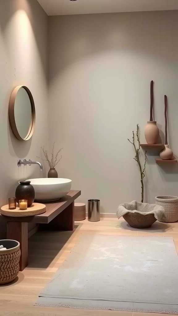 A serene wabi-sabi bathroom with handcrafted accents including a unique bathtub, rustic vases, and wooden decor.