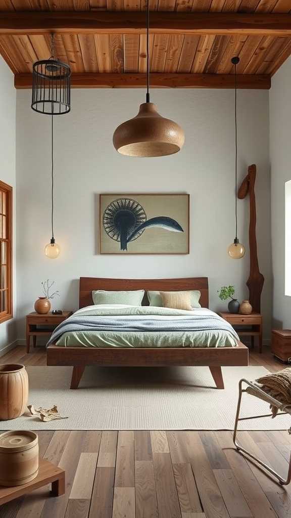 A cozy wabi sabi bedroom featuring a wooden bed, soft bedding, and warm lighting.