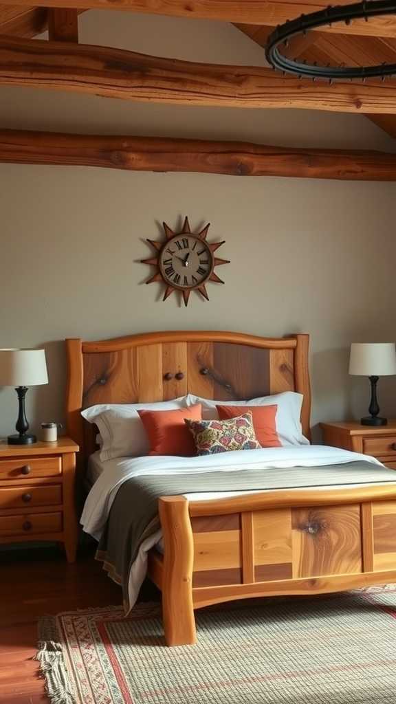 A rustic farmhouse bedroom featuring handcrafted wooden furniture, including a bed and nightstands.