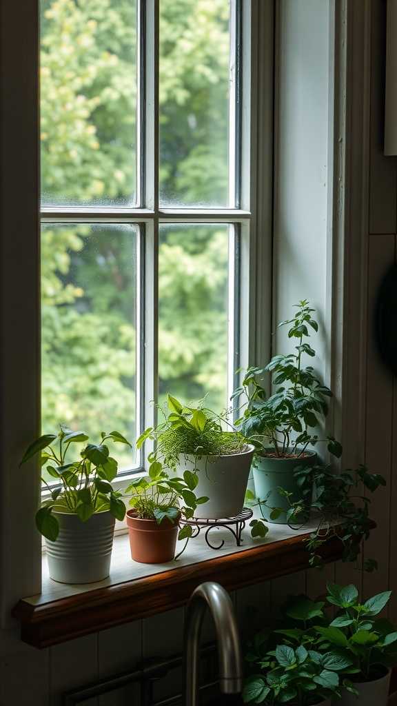 A cozy kitchen windowsill with potted herbs, showcasing a blend of green plants and terracotta pots.