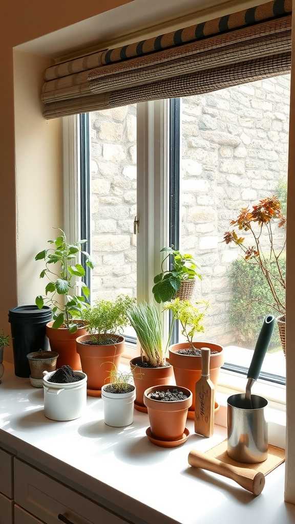 A collection of potted herbs on a kitchen windowsill