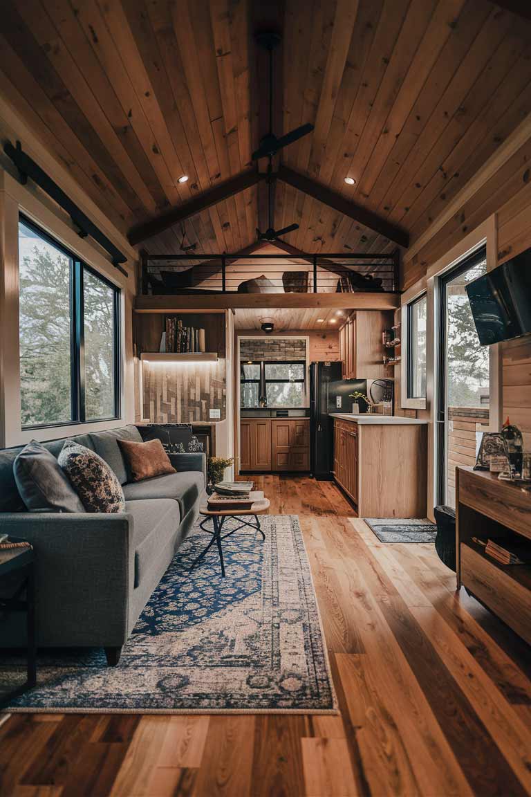 A high-end engineered hardwood flooring installed in a tiny home.