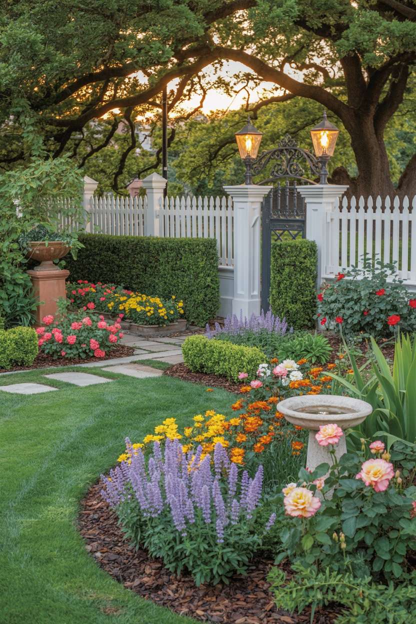 21 Stunning Home Garden Ideas for a Beautiful Outdoor Oasis 1  landscaped front garden with colorful perennial flowers, hedges, stone pathways, white picket fence, and wrought-iron gate under golden hour lighting