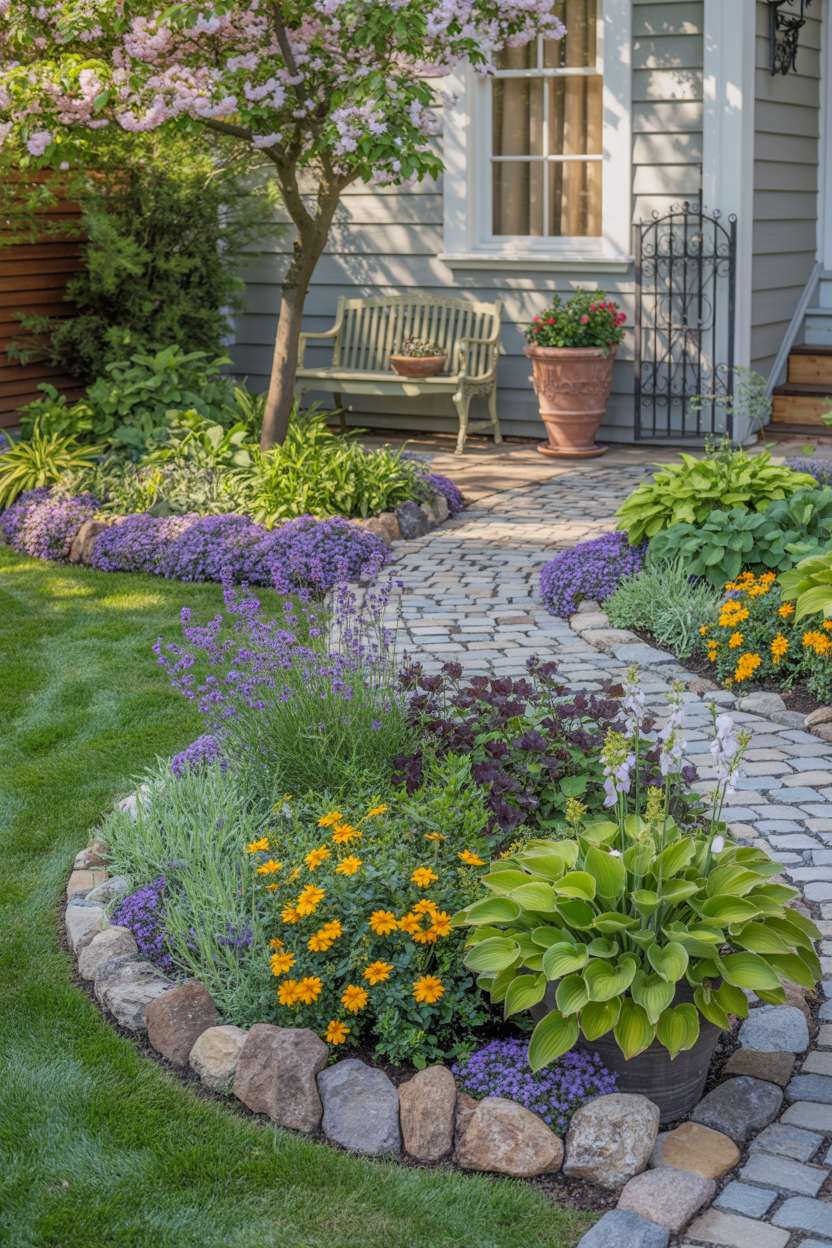 A front garden featuring a curved cobblestone pathway with layered plantings of purple lavender, yellow marigolds, and green hostas near a flowering cherry tree