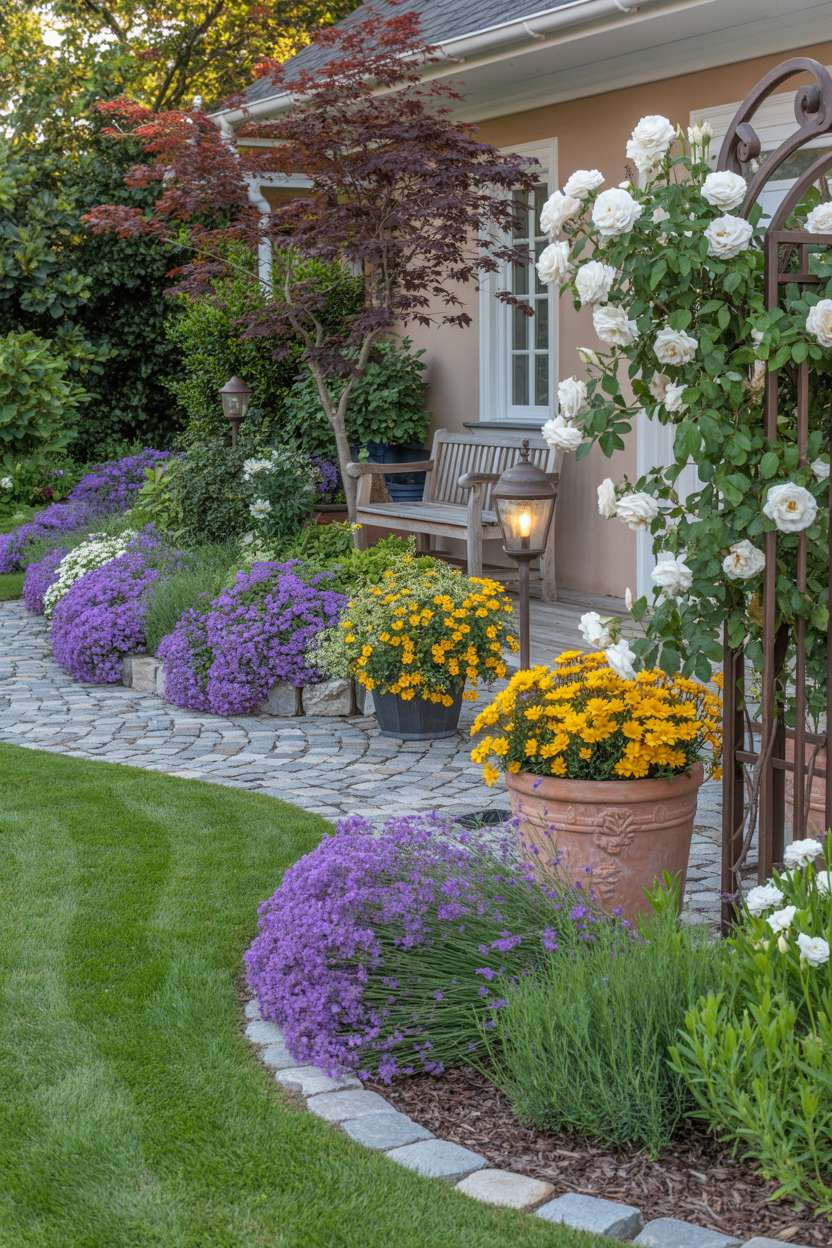 A front garden with purple lavender, white climbing roses on iron trellis, yellow marigolds in terracotta planters, and a Japanese maple with crimson foliage