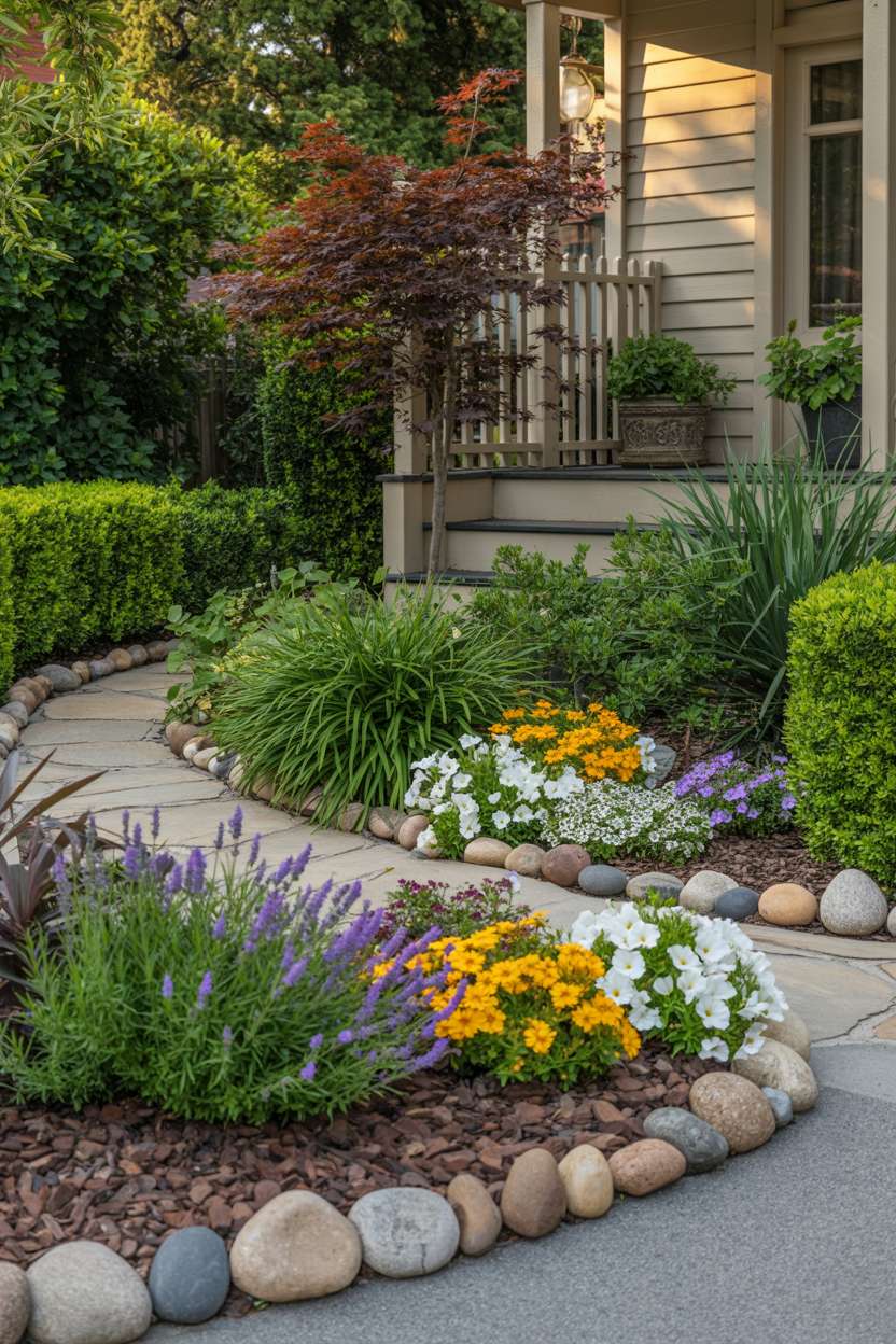 A front garden entrance with curved stone walkway, seasonal flowers including purple lavender and yellow marigolds, boxwood hedges, and a Japanese maple tree