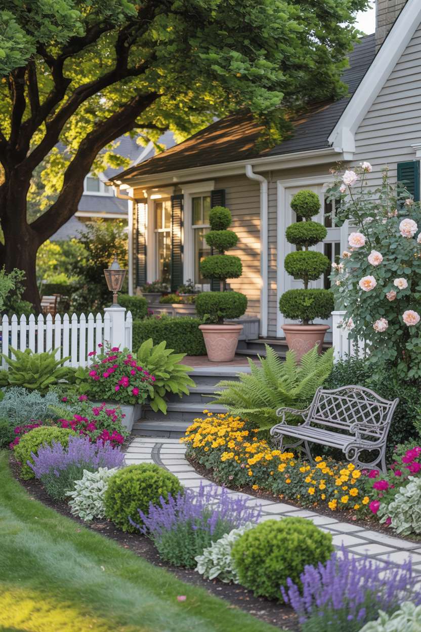 A front garden with curved stone pathway, purple lavender, yellow marigolds, white picket fence with climbing pink roses, and vintage wrought-iron bench
