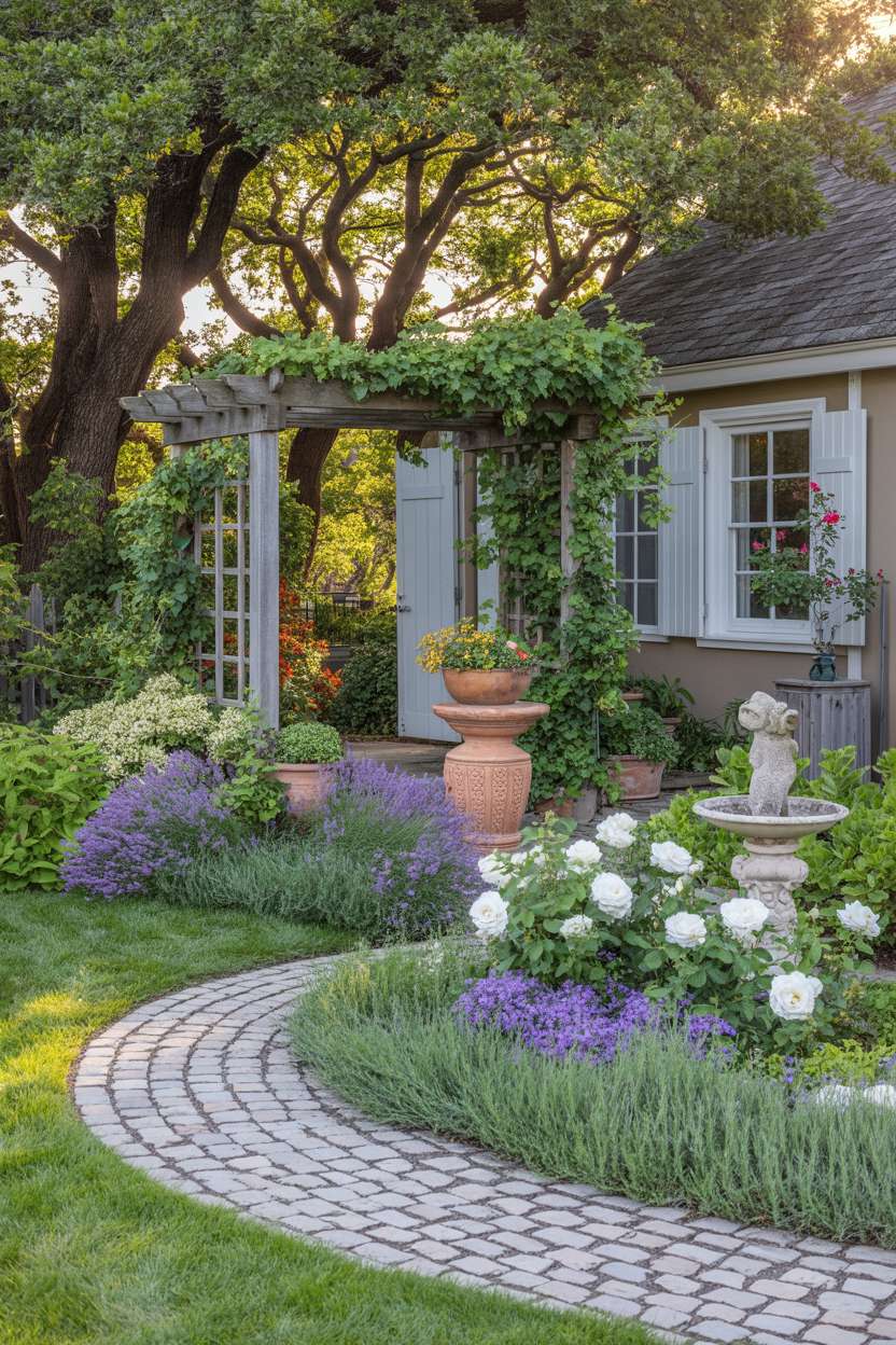 A cottage-style front garden with curved cobblestone pathway, purple lavender, white roses, weathered wooden arbor with climbing ivy, and stone birdbath