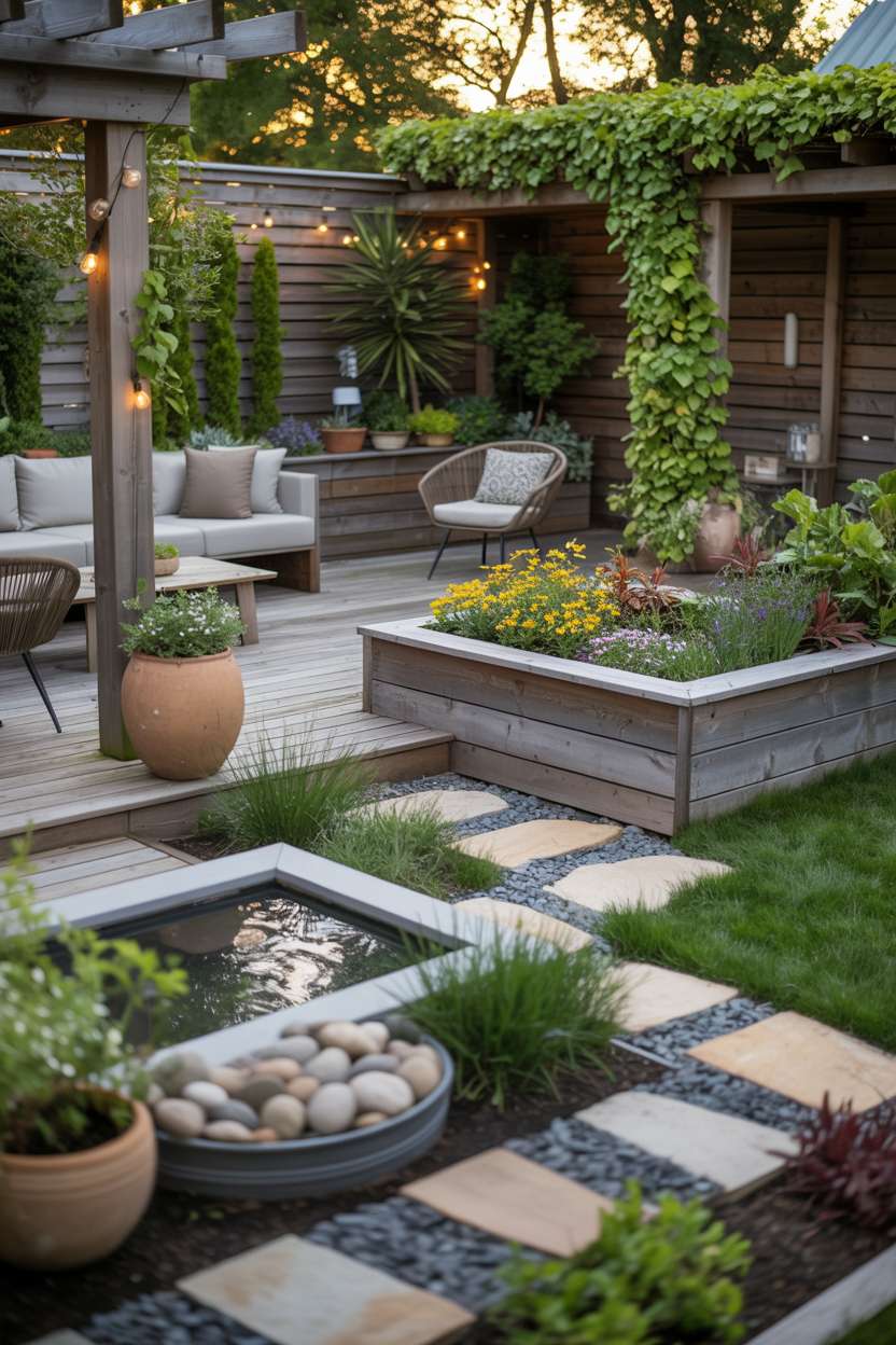 A backyard garden with wooden deck, modern furniture, raised planter beds with perennials and grasses, stone pathway, string lights, and small water feature