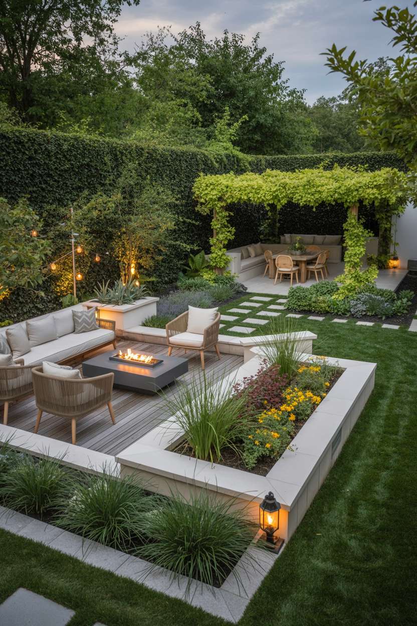 A modern backyard with raised wooden deck, wicker furniture around fire pit, geometric planters with grasses and perennials, and pergola with climbing vines