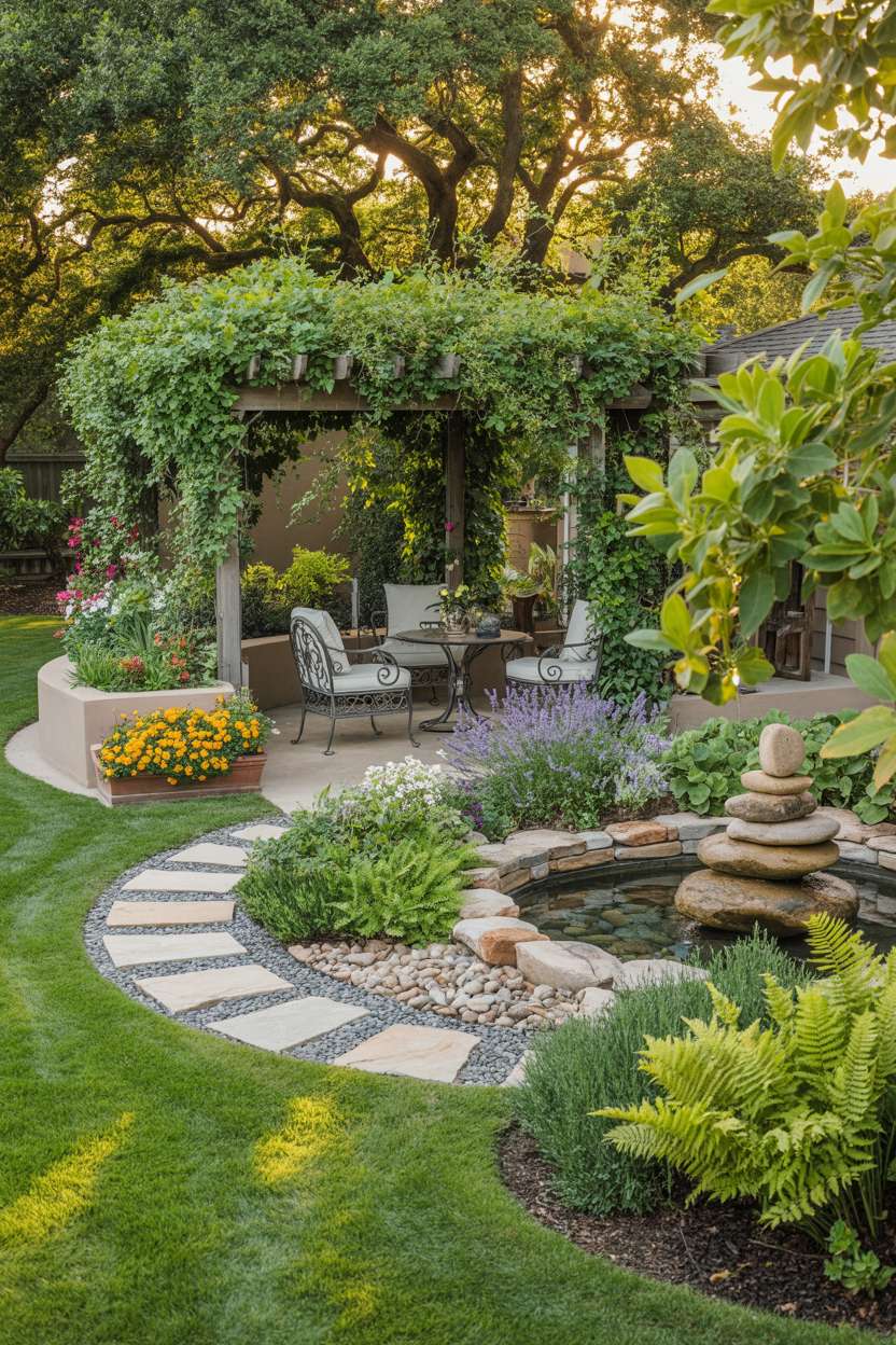A backyard garden with curved stone pathway, wrought iron furniture under pergola with jasmine, raised planters with marigolds and lavender, and water feature