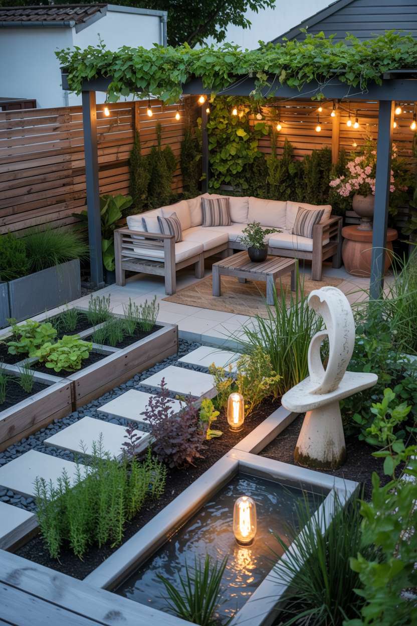 A backyard garden with raised wooden planters filled with herbs and flowers, concrete pathways, teak furniture under pergola with jasmine, and Edison bulb string lights
