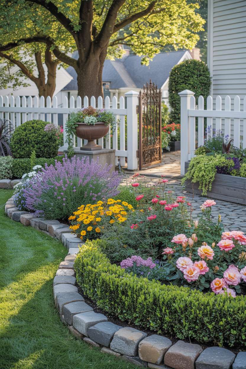 A front garden with stone-bordered beds featuring purple lavender, yellow marigolds, coral-pink roses, trimmed boxwood hedges in geometric patterns, and white picket fence