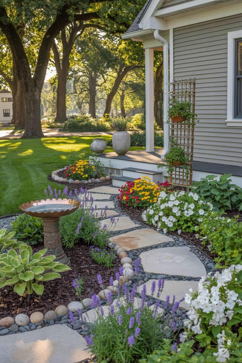 A modern front garden with meandering flagstone pathway, seasonal flowers including purple lavender and white petunias, weathered copper birdbath, and trellis with climbing jasmine