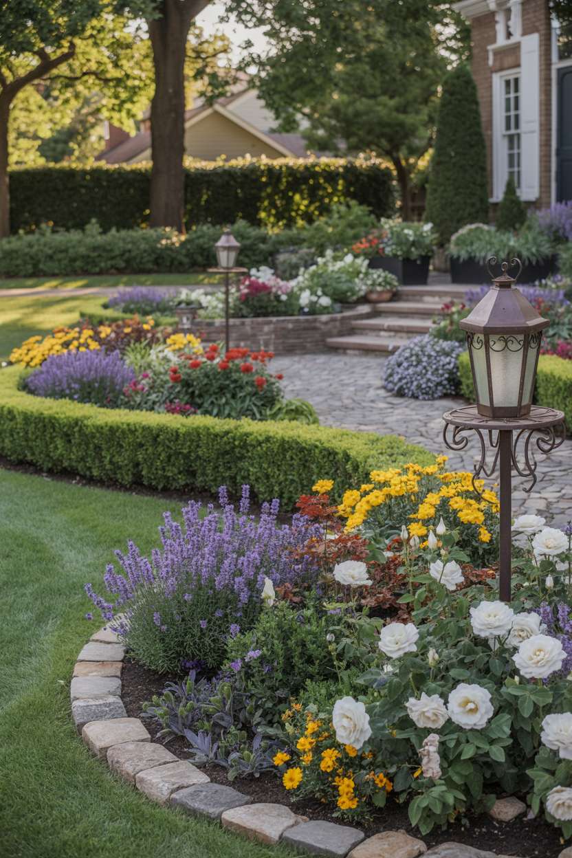 A front garden with curved flower beds featuring purple lavender, yellow marigolds, and white roses bordered by natural stone, cobblestone pathway, and wrought iron planters with vintage lanterns